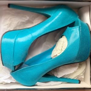 Teal high heel peep toe pumps